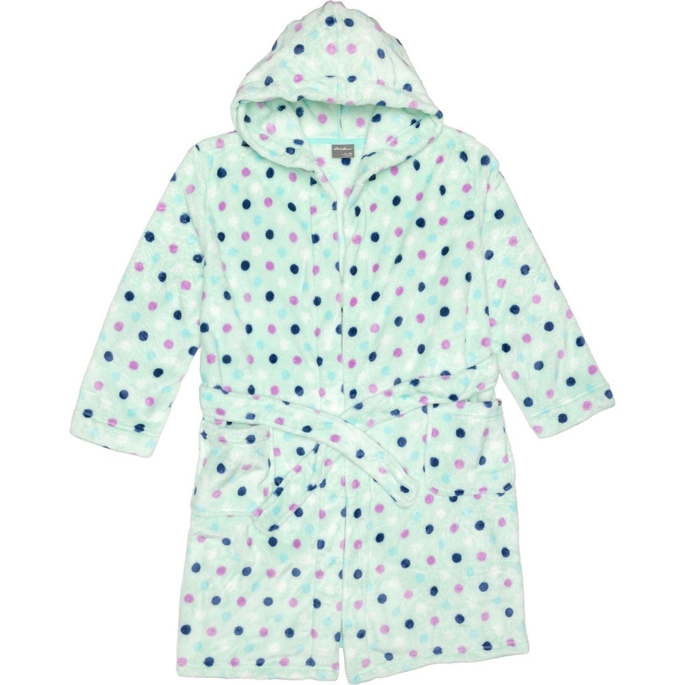 Eddie Bauer Girls XL  Mint Green Polka Dot Plush Fleece Hooded Bathrobe Robe